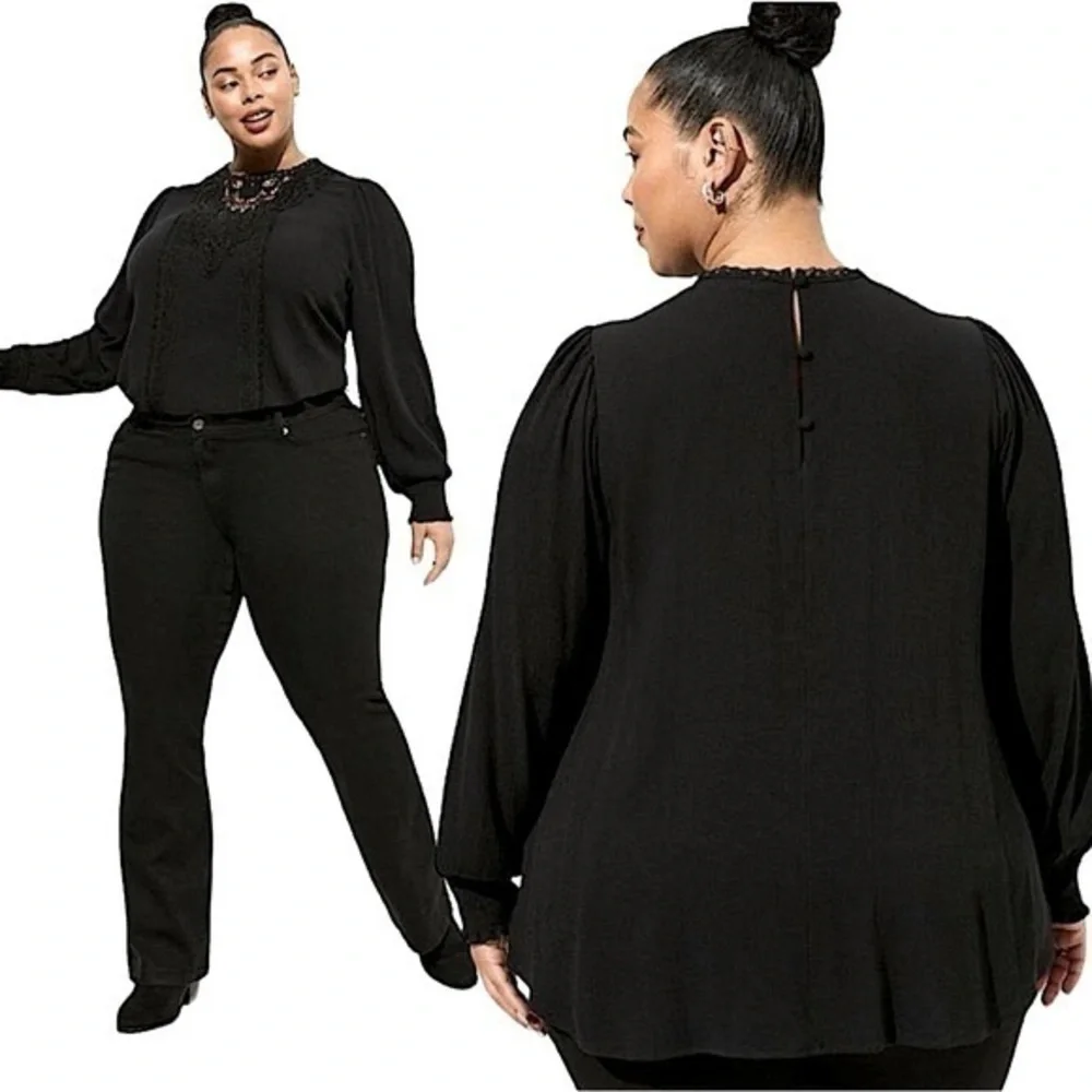 TORRID Black Crinkle Gauze Crochet‎ Blouse NWT